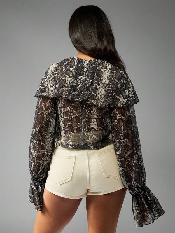 Missguided MISSGUIDED Snake Print Chiffon Blouse With Ruffle Balloon Sleeves