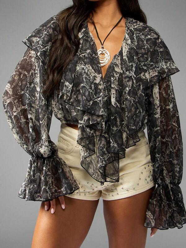 Missguided MISSGUIDED Snake Print Chiffon Blouse With Ruffle Balloon Sleeves