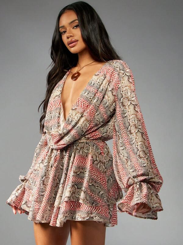 missguided MISSGUIDED Snake Print Chiffon Mini Dress With Puff Sleeves