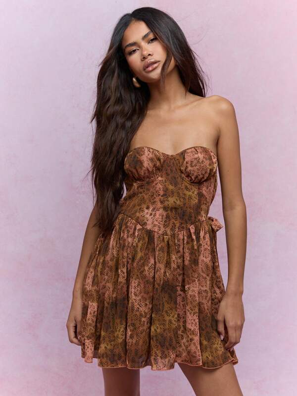 missguided MISSGUIDED Snake Print Corset Bust Frill Bandeau Short Dress