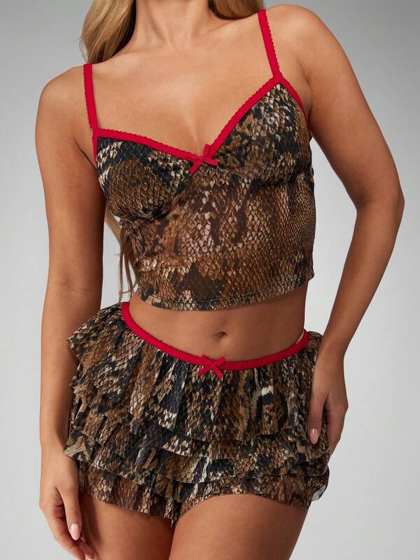 missguided MISSGUIDED Snake Print Corset Top With Tiered Ruffle Mini Skirt
