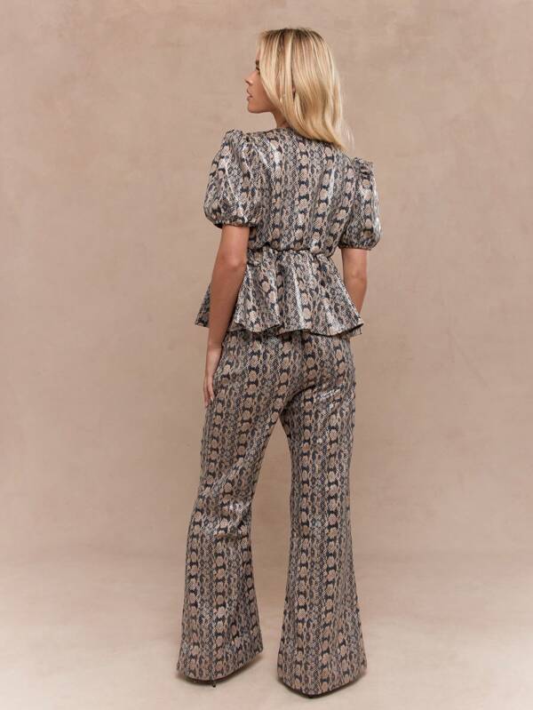 Missguided MISSGUIDED Snake Print Faux Leather Knot Detail Front Balloon Sleeves Peplum Top And Wide Leg Pants Two Piece Co-Ord Set