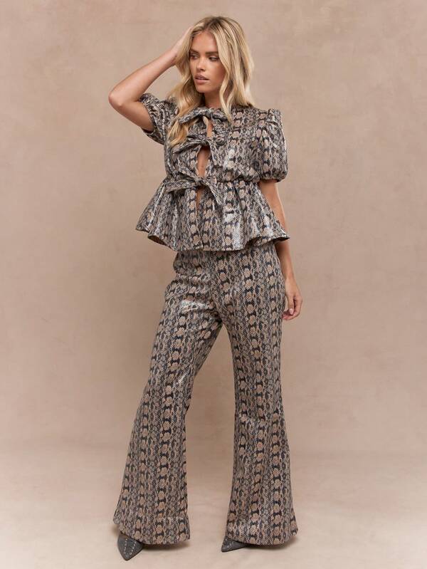 Missguided MISSGUIDED Snake Print Faux Leather Knot Detail Front Balloon Sleeves Peplum Top And Wide Leg Pants Two Piece Co-Ord Set