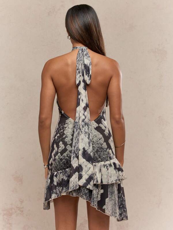 Missguided MISSGUIDED Snake Print Halter Mini Dress With Cutouts And Ruffles