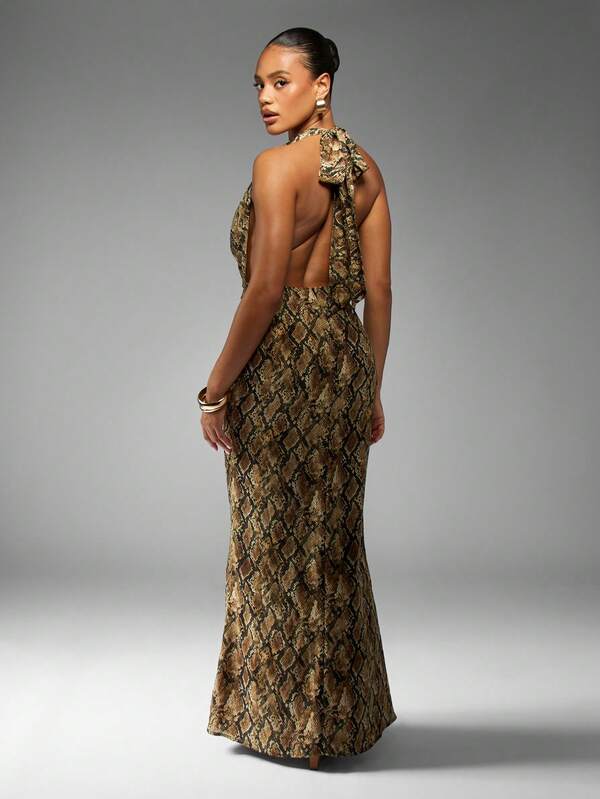 Missguided MISSGUIDED Snake Print Halter Neck Maxi Dress With Ruched Detail