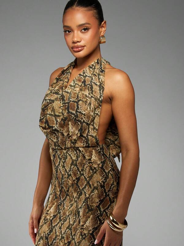Missguided MISSGUIDED Snake Print Halter Neck Maxi Dress With Ruched Detail