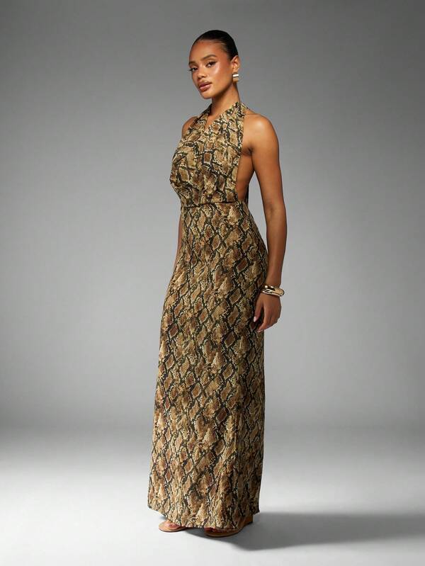 Missguided MISSGUIDED Snake Print Halter Neck Maxi Dress With Ruched Detail