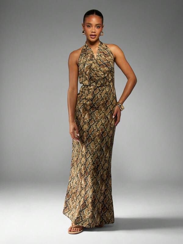 missguided MISSGUIDED Snake Print Halter Neck Maxi Dress With Ruched Detail