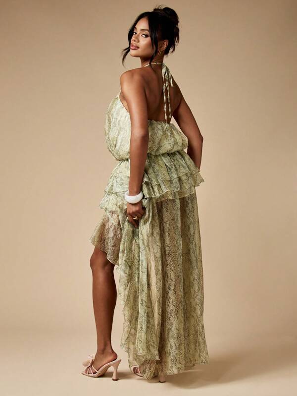 Missguided MISSGUIDED Snake Print High Low Halter Dress With Tiered Ruffles