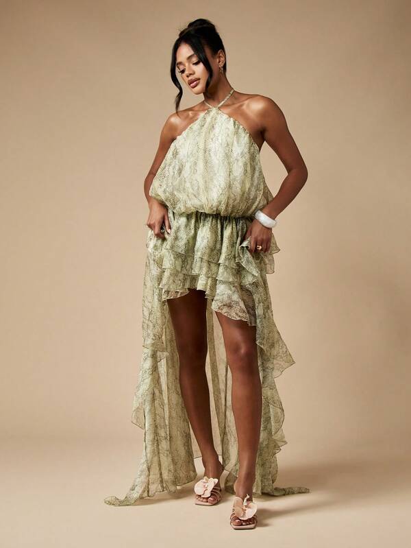 Missguided MISSGUIDED Snake Print High Low Halter Dress With Tiered Ruffles