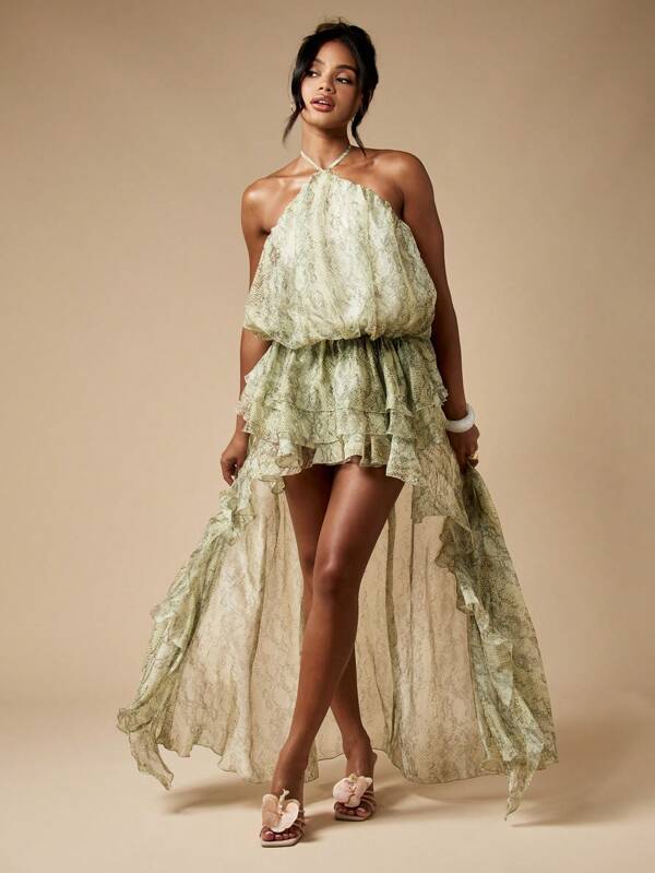 missguided MISSGUIDED Snake Print High Low Halter Dress With Tiered Ruffles