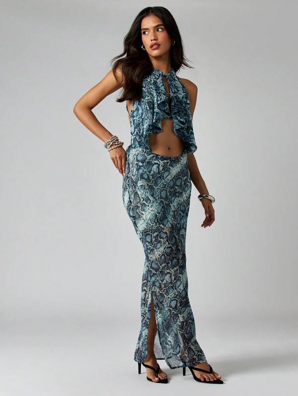 Missguided MISSGUIDED Snake Print Maxi Dress With Halter Neck And Front Cutout