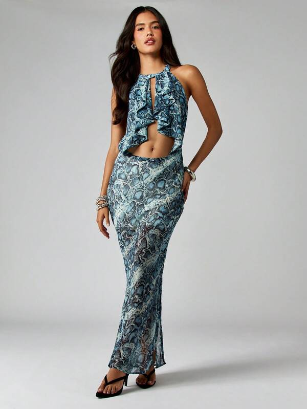 missguided MISSGUIDED Snake Print Maxi Dress With Halter Neck And Front Cutout