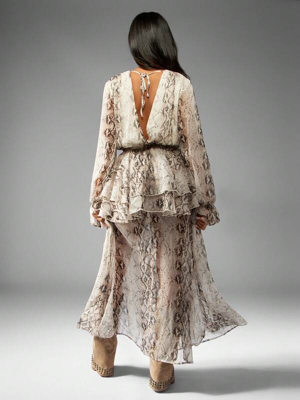 Missguided MISSGUIDED Snake Print Maxi Dress With Ruffle Waist And V Neck