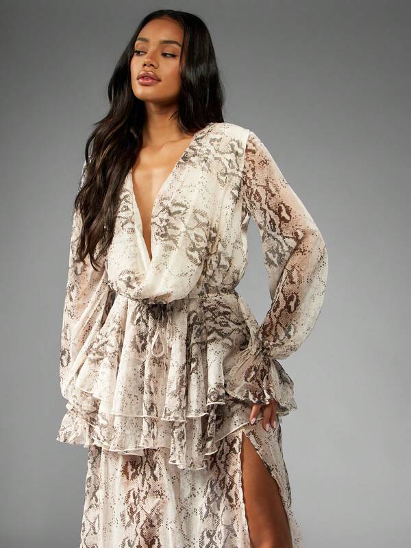Missguided MISSGUIDED Snake Print Maxi Dress With Ruffle Waist And V Neck