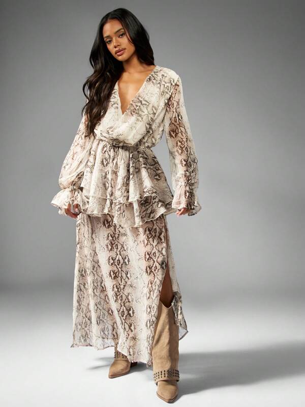 missguided MISSGUIDED Snake Print Maxi Dress With Ruffle Waist And V Neck