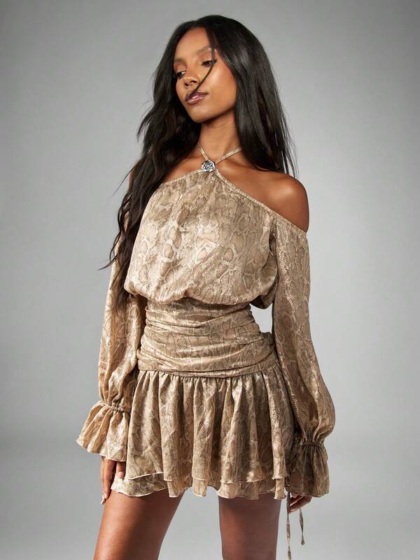 Missguided MISSGUIDED Snake Print Mini Dress With Puff Sleeves And Ruched Waist