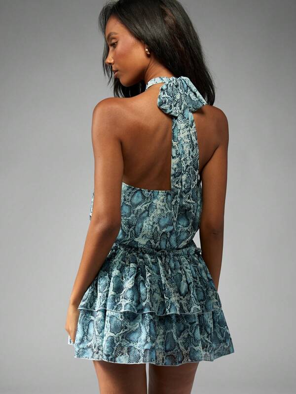 Missguided MISSGUIDED Snake Print Mini Dress With Tiered Ruffles And Halter Neck