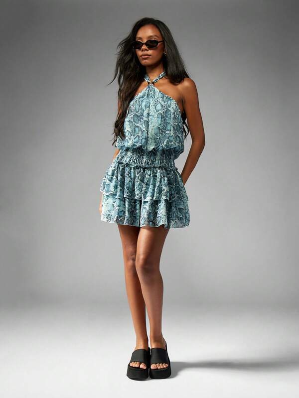 Missguided MISSGUIDED Snake Print Mini Dress With Tiered Ruffles And Halter Neck