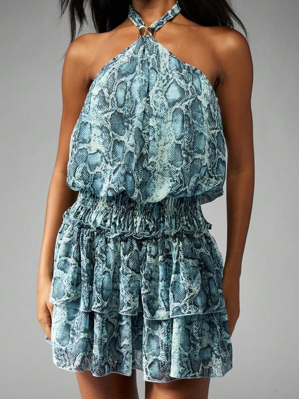 Missguided MISSGUIDED Snake Print Mini Dress With Tiered Ruffles And Halter Neck