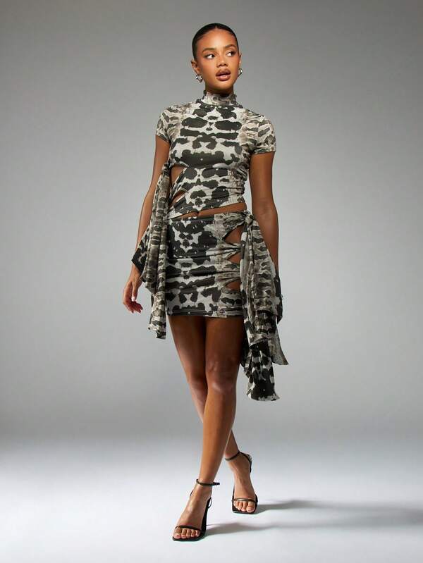 Missguided MISSGUIDED Snake Print Mock Neck Top And Mini Skirt With Cutouts