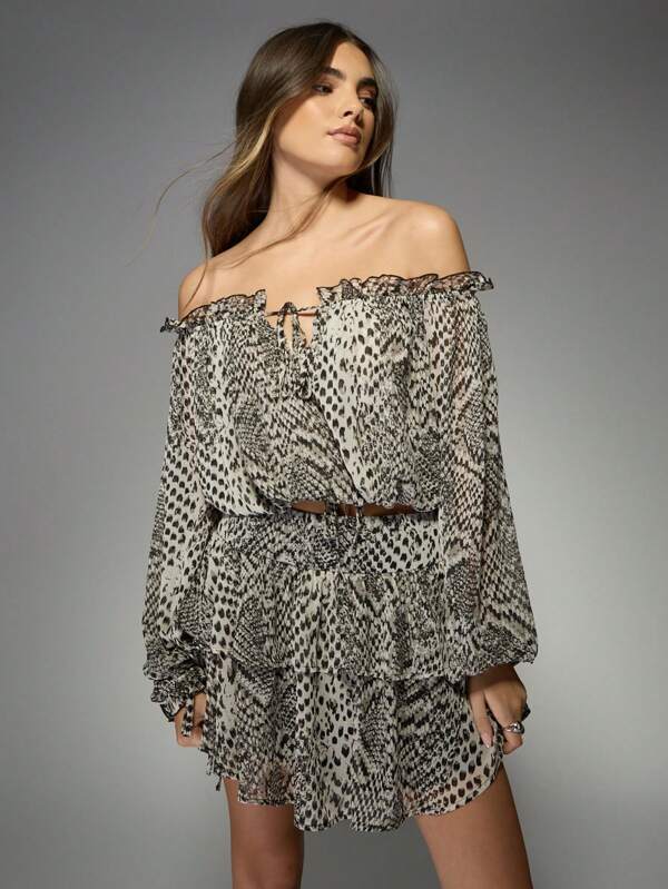 missguided MISSGUIDED Snake Print Off-Shoulder Ruffle Trim Two-Piece Set