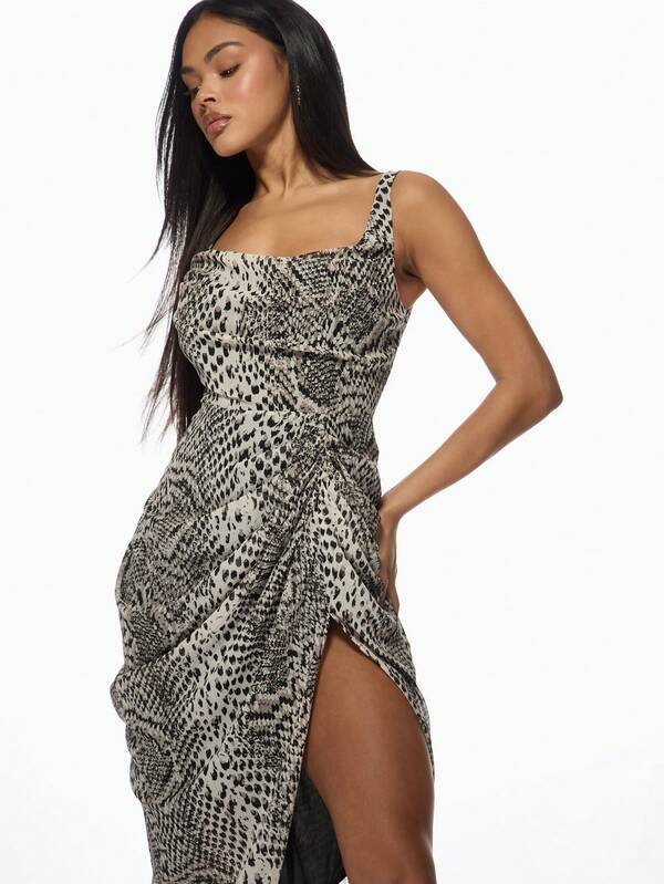 Missguided MISSGUIDED Snake Print Ruched Bodycon Thigh Split Women Long Dresses