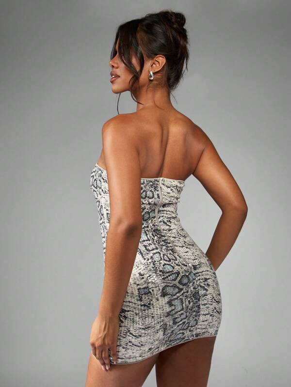 Missguided MISSGUIDED Snake Print Sequin Bandeau Strapless Bodycon Mini Dress