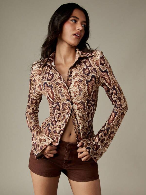 missguided MISSGUIDED Snakeskin Print Button Up Blouse With Shoulder Pads