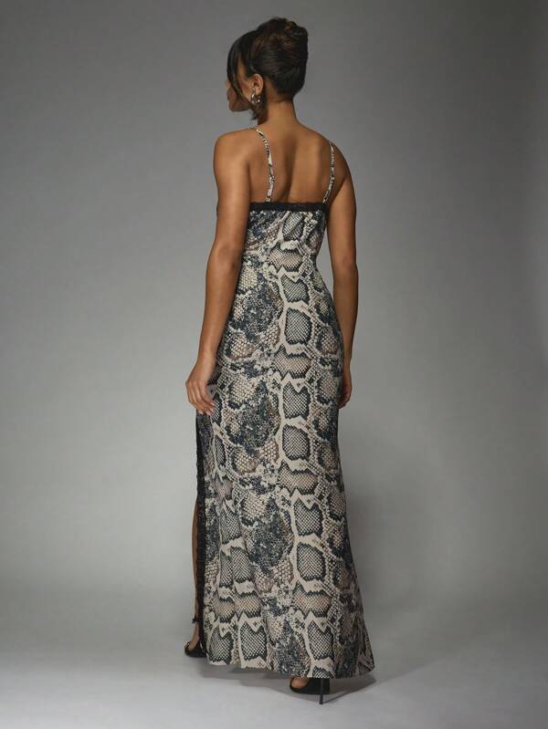Missguided MISSGUIDED Snakeskin Print Maxi Dress With Lace Trim High Slit