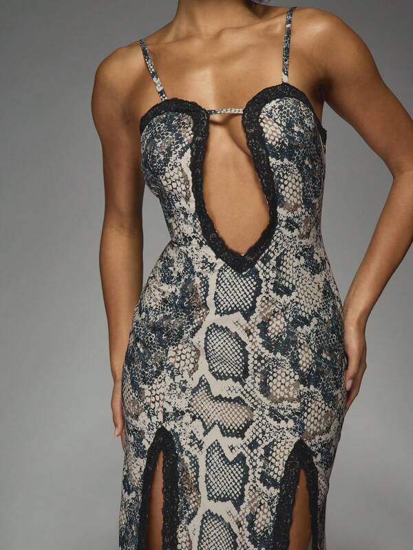 Missguided MISSGUIDED Snakeskin Print Maxi Dress With Lace Trim High Slit
