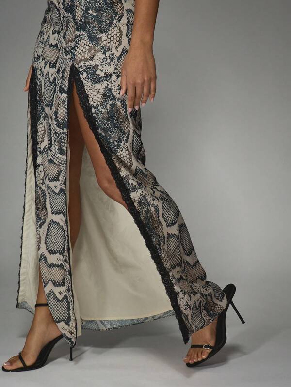 Missguided MISSGUIDED Snakeskin Print Maxi Dress With Lace Trim High Slit