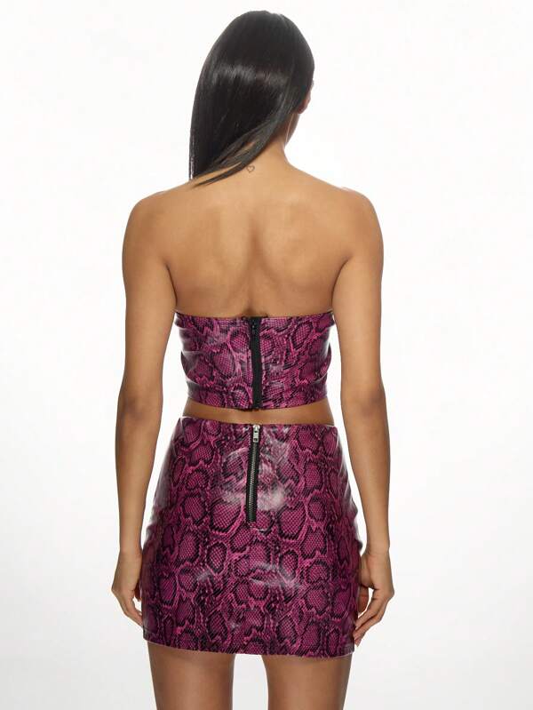 Missguided MISSGUIDED Snakeskin Print Pu Leather Strapless Corset Mini Skirt Set