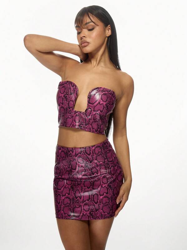 Missguided MISSGUIDED Snakeskin Print Pu Leather Strapless Corset Mini Skirt Set