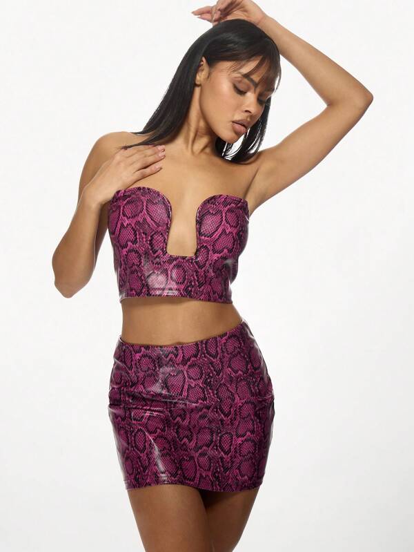 missguided MISSGUIDED Snakeskin Print Pu Leather Strapless Corset Mini Skirt Set