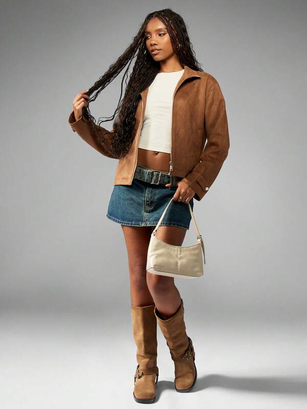 Missguided MISSGUIDED Soft Suede Bomber Cropped Jacket With Stand Collar