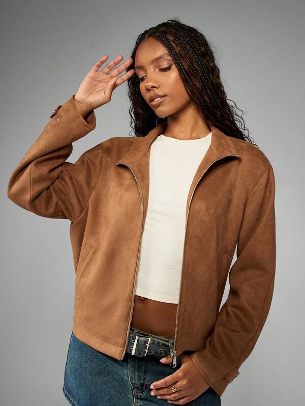 Missguided MISSGUIDED Soft Suede Bomber Cropped Jacket With Stand Collar