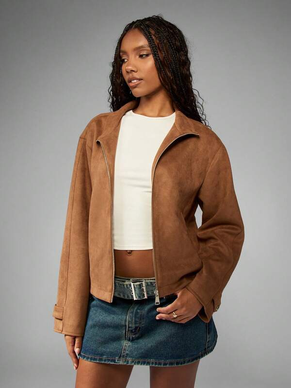missguided MISSGUIDED Soft Suede Bomber Cropped Jacket With Stand Collar