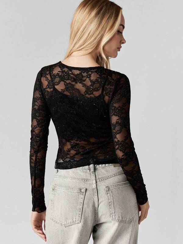 Missguided MISSGUIDED Sparkle Lace Long Sleeve Fitted Top