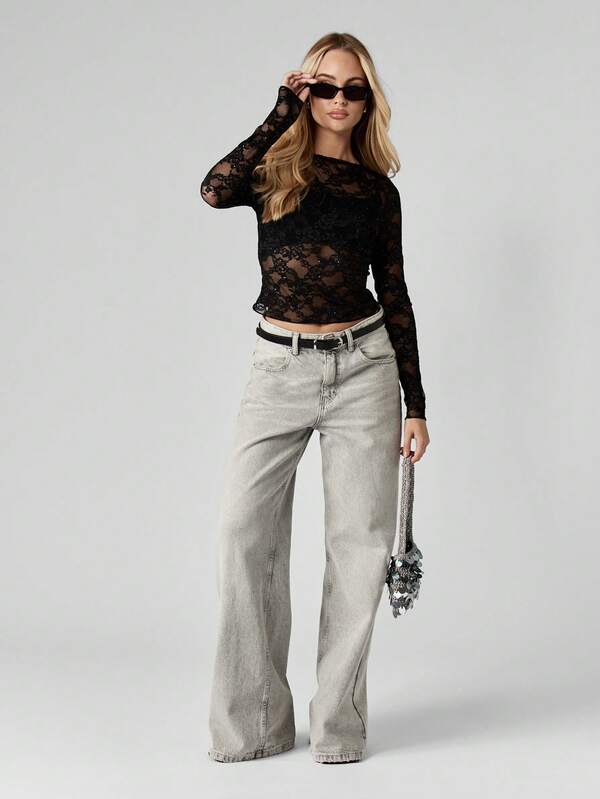 Missguided MISSGUIDED Sparkle Lace Long Sleeve Fitted Top
