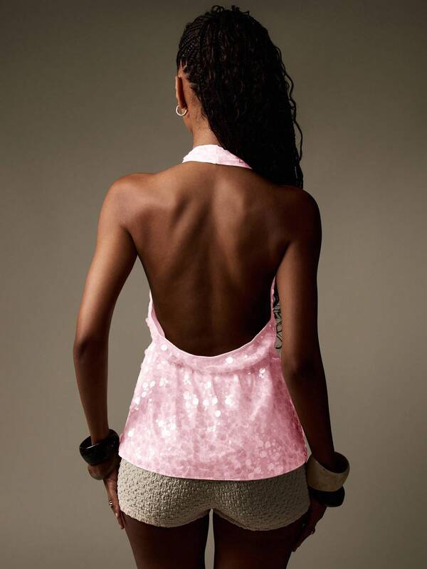 Missguided MISSGUIDED Sparkle Sequin Halter Neck Backless Cami Top