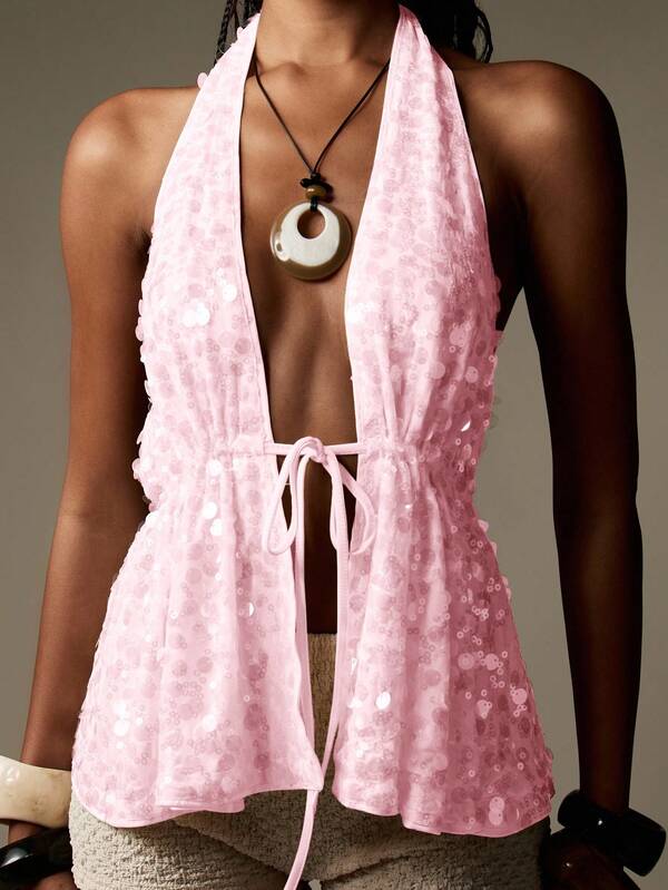 missguided MISSGUIDED Sparkle Sequin Halter Neck Backless Cami Top