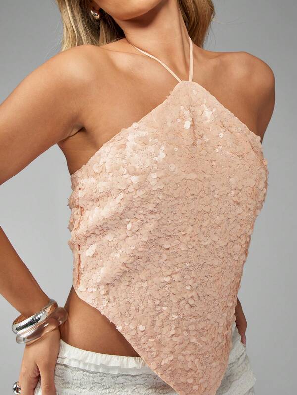 Missguided MISSGUIDED Sparkle Sequin Halter Neck Crop Top