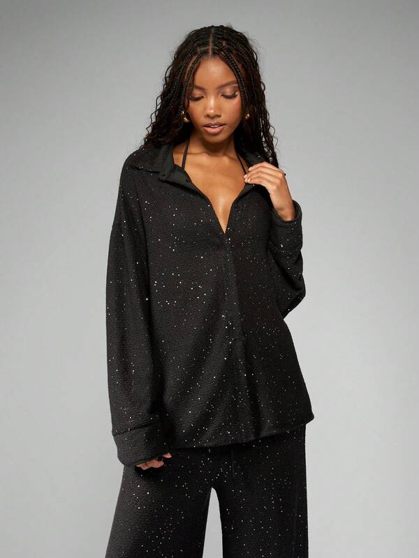 Missguided MISSGUIDED Sparkle Stretch Long Sleeve Blazer Wide Leg Trouser Set