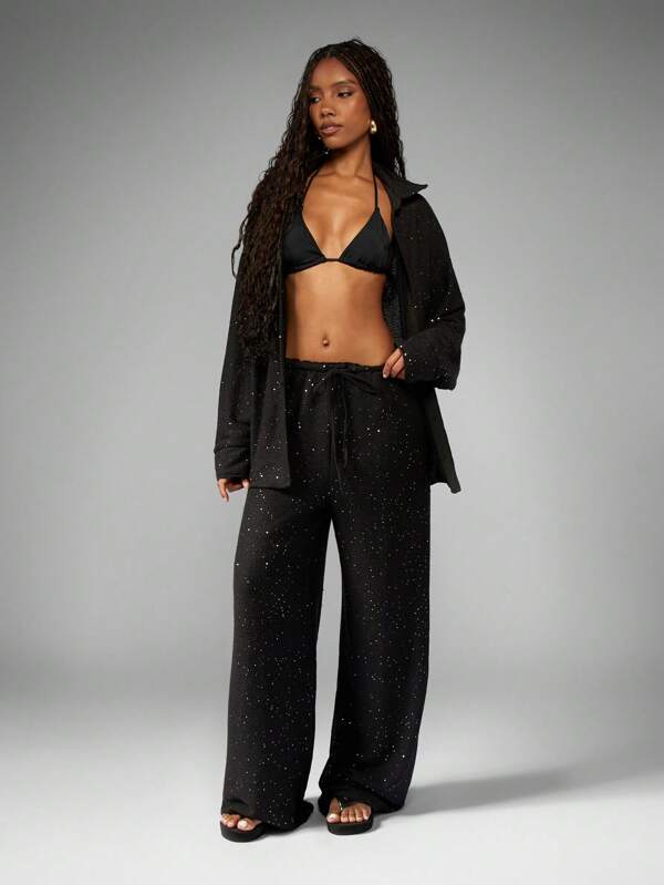 missguided MISSGUIDED Sparkle Stretch Long Sleeve Blazer Wide Leg Trouser Set