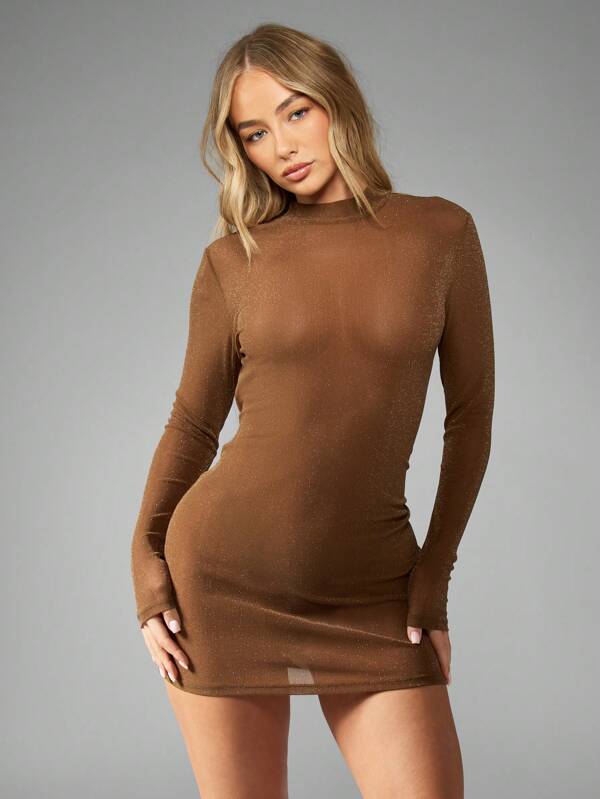 missguided MISSGUIDED Sparkly Glitter Lurex High Neck Long Sleeve Mini Bodycon Dress