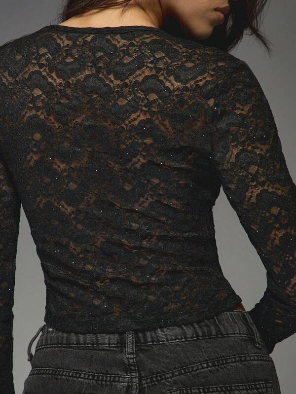 Missguided MISSGUIDED Sparkly Lace Crop Top With Long Sleeves