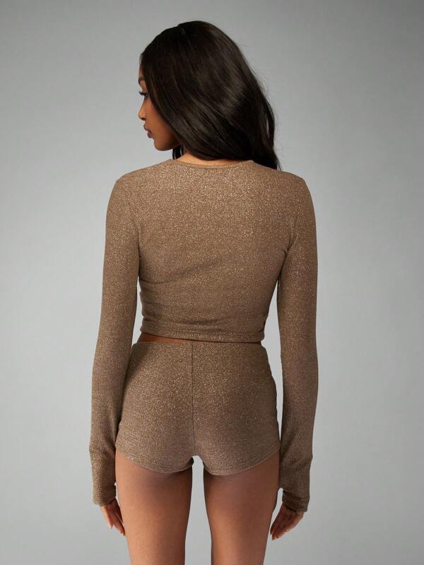 Missguided MISSGUIDED Sparkly Metallic Ribbed Long Sleeve Crop Top Shorts Set