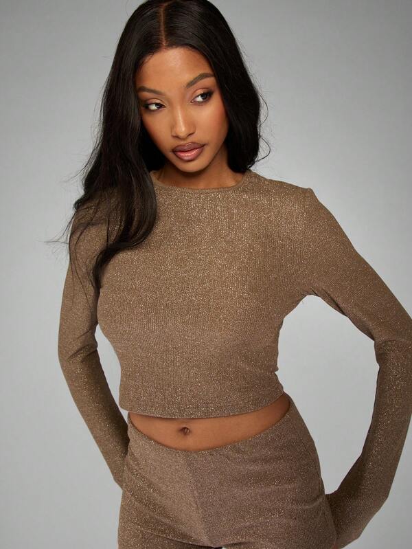 Missguided MISSGUIDED Sparkly Metallic Ribbed Long Sleeve Crop Top Shorts Set