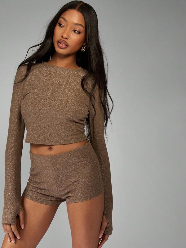missguided MISSGUIDED Sparkly Metallic Ribbed Long Sleeve Crop Top Shorts Set